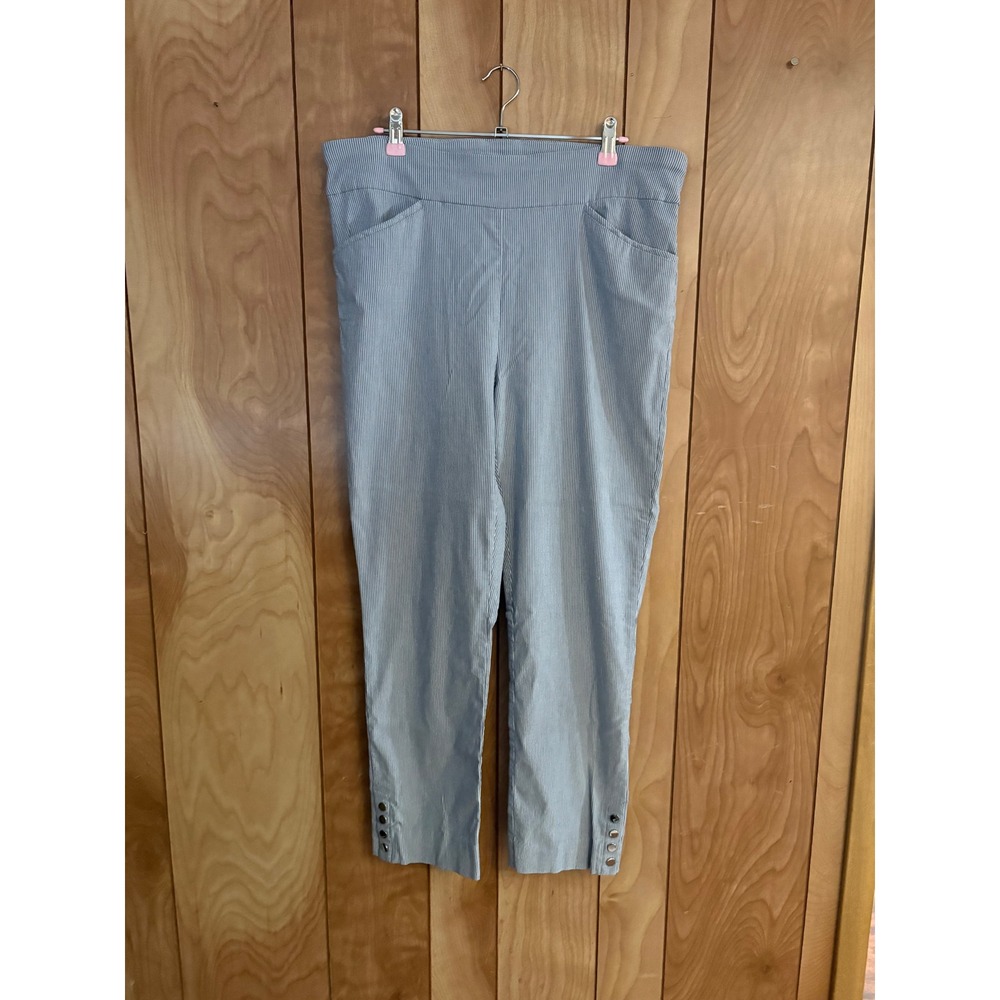 Chico's Perfect Stretch Ankle Pants Blue White Pinstripe Button Hem Size 2.5 XL